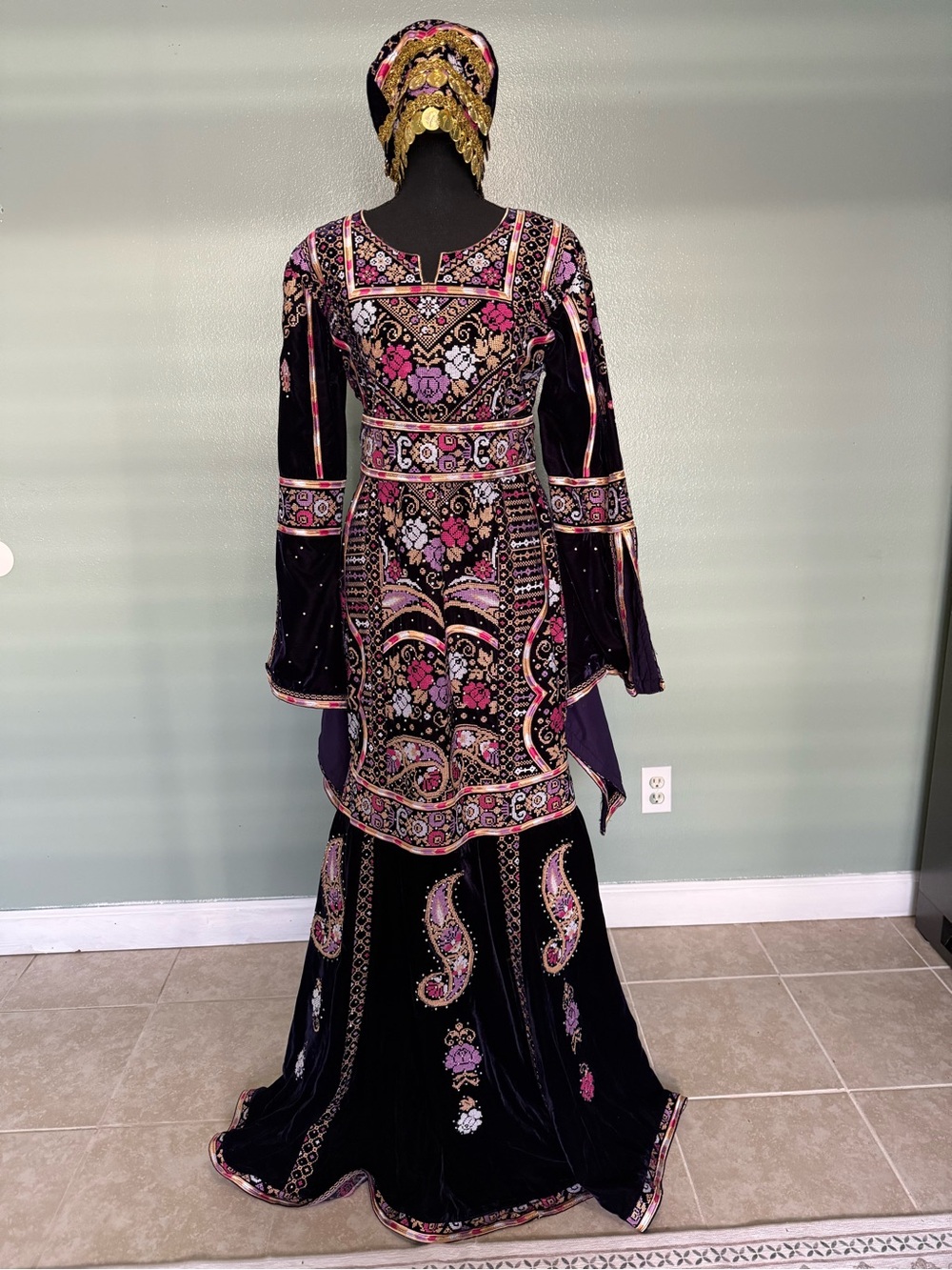 Embroidered Velvet Maxi Dress in Purple and Pink